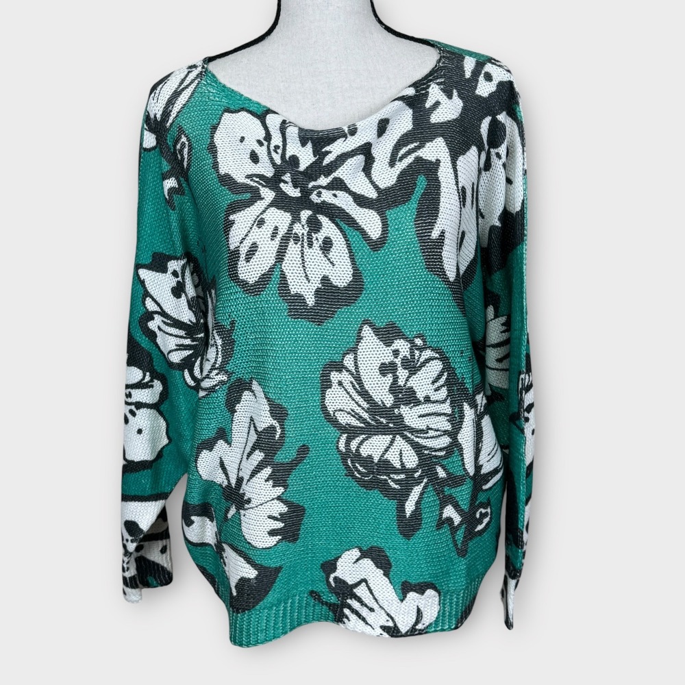 Luisa Ricci Made in Italy Green Bold Floral Print Knit Lightweight Sweater Small